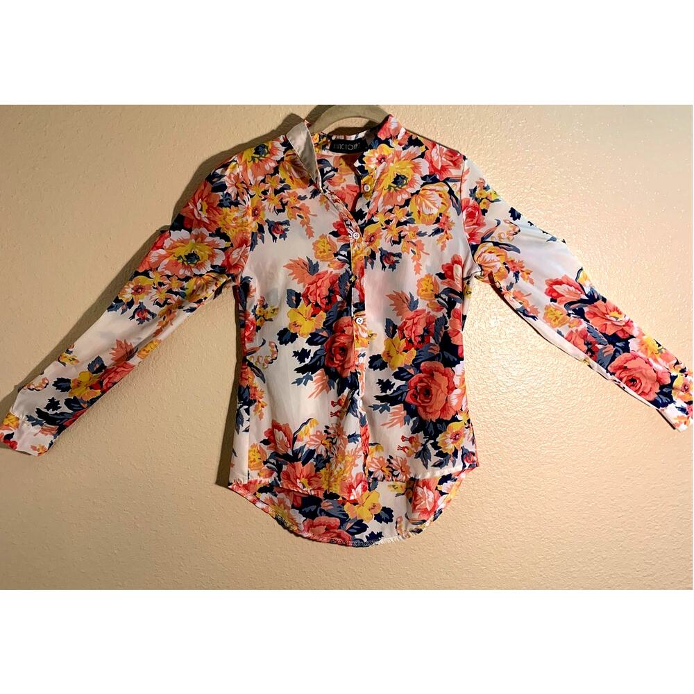 FancyQube Flower Pattern Long Sleeve Blouse Sz M